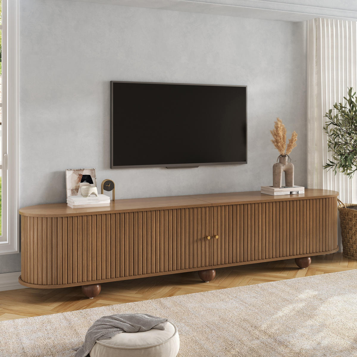TV-LOWBOARD Rund Rillenoptik Schiebetüren Retro Kugelfüße - Walnussfarben, Holzwerkstoff (180/45/35cm) - FLIEKS