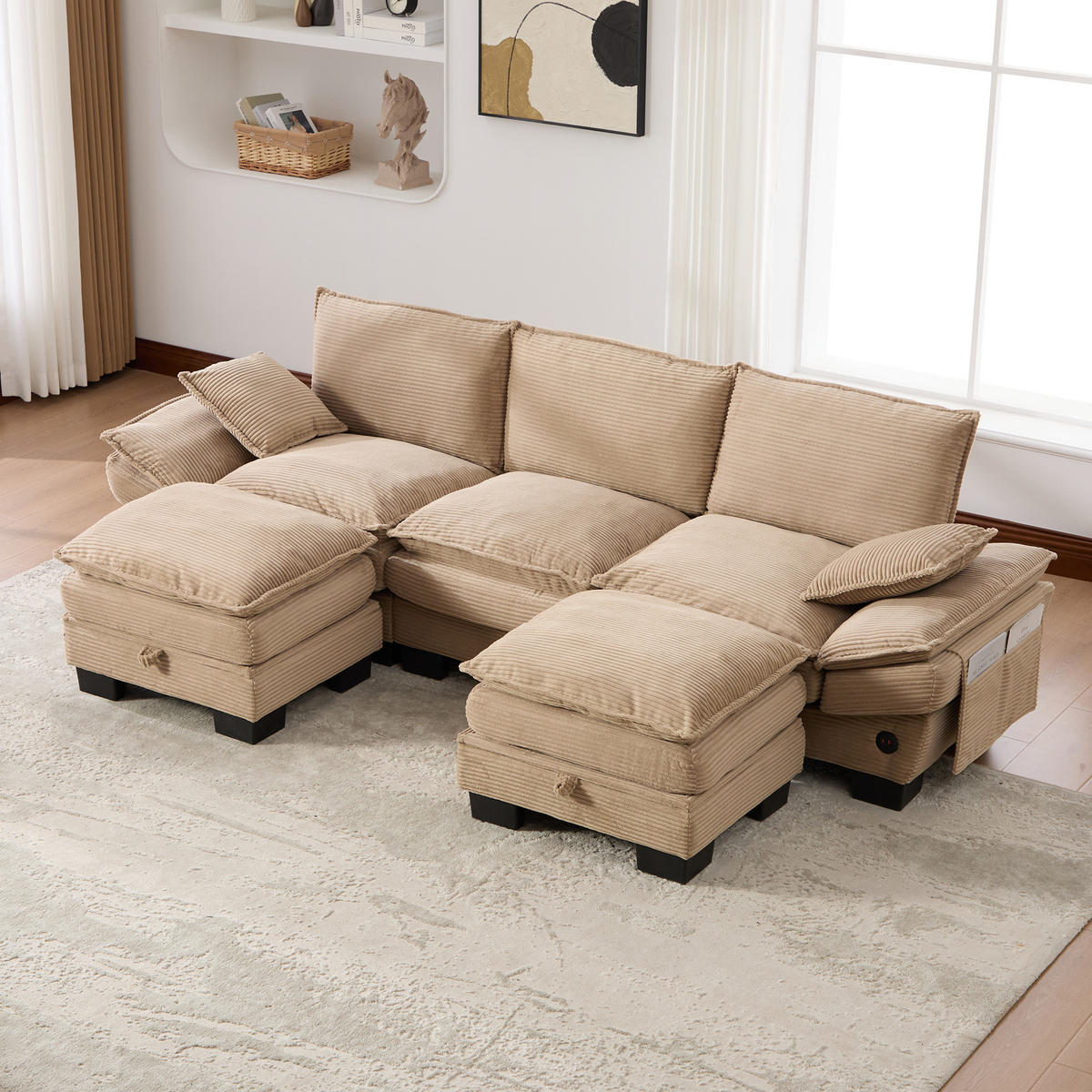 3-SITZER Sofa aus Corduroy 260x132x84 cm mit 2 Hockern & USB-C, beige - Beige, Textil (132/84/260cm)