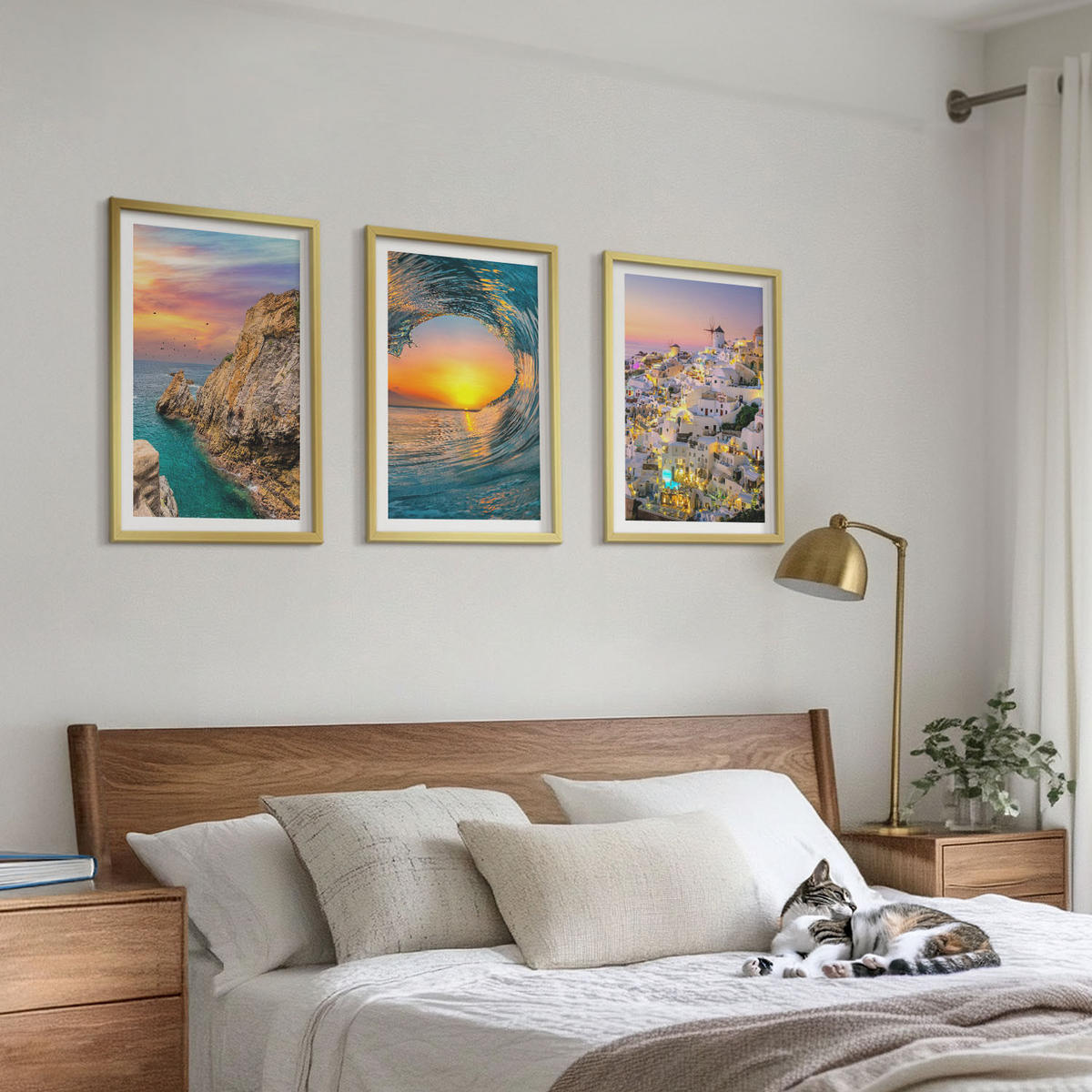 BILDER SET 3er Set - 40x60 cm Goldrahmen - Meereswellen, weiße Häuser, Santorini - Goldfarben, Kunststoff (40/60cm) - TULUP