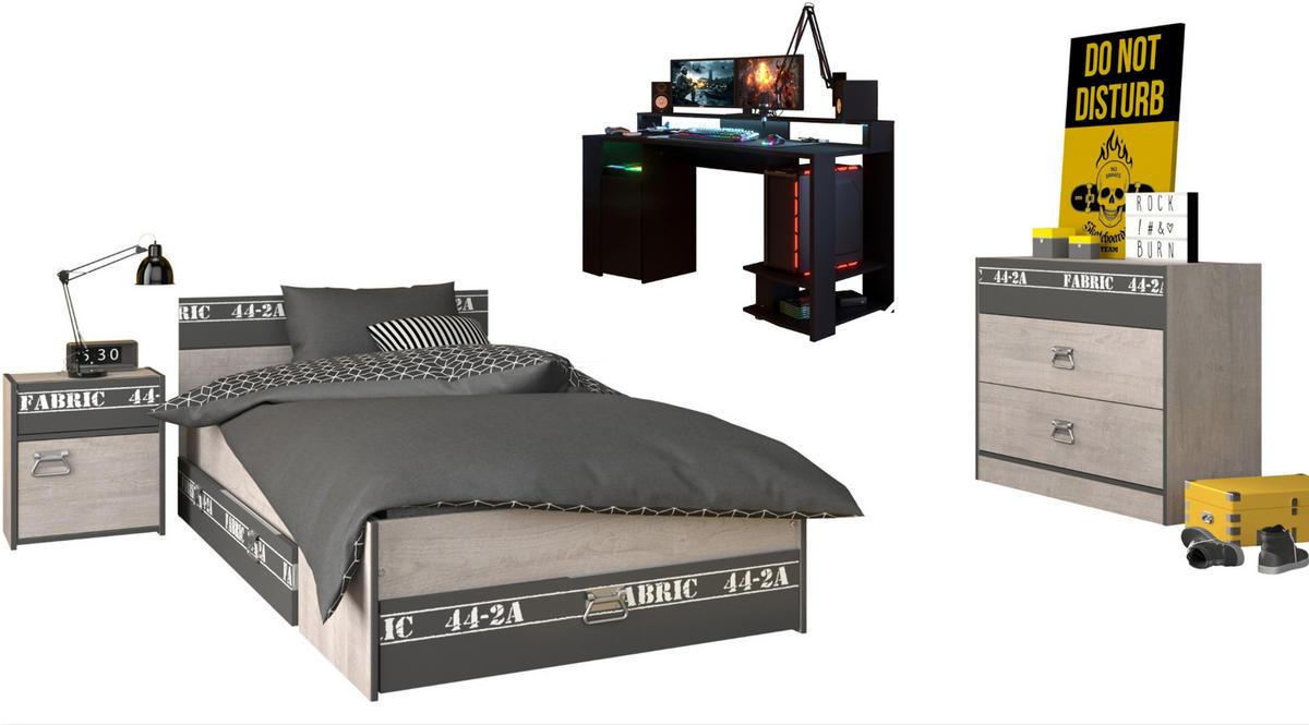 JUGENDZIMMER Set 4-tlg mit Gamingtisch Bett 90 x 200 Kommode - Chromfarben/Eschefarben, Holzwerkstoff/Kunststoff (99/87/207cm) - Parisot Meuble