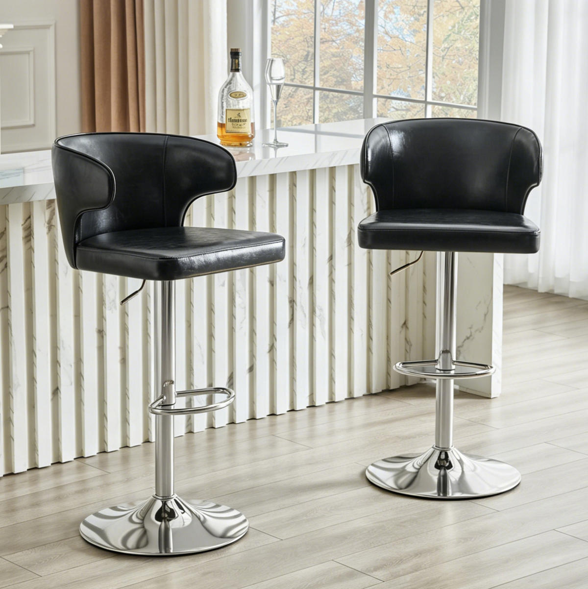 BARHOCKER 2er-Set höhenverstellbar drehbar Schwarz PU - Schwarz, Metall (45/110/49.72cm) - Meubliv
