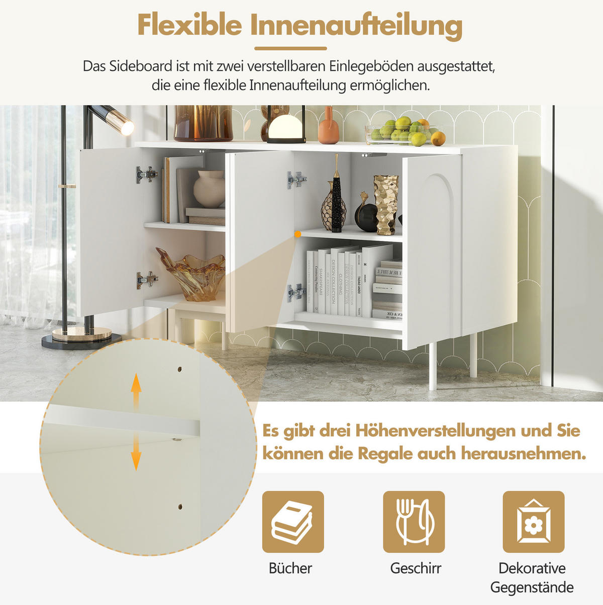 SIDEBOARD mit 4 Türen in Weiß – modernes Design mit verstellbaren Einlegeböden - Weiß, Holzwerkstoff (140/80/42cm) - BEAOK