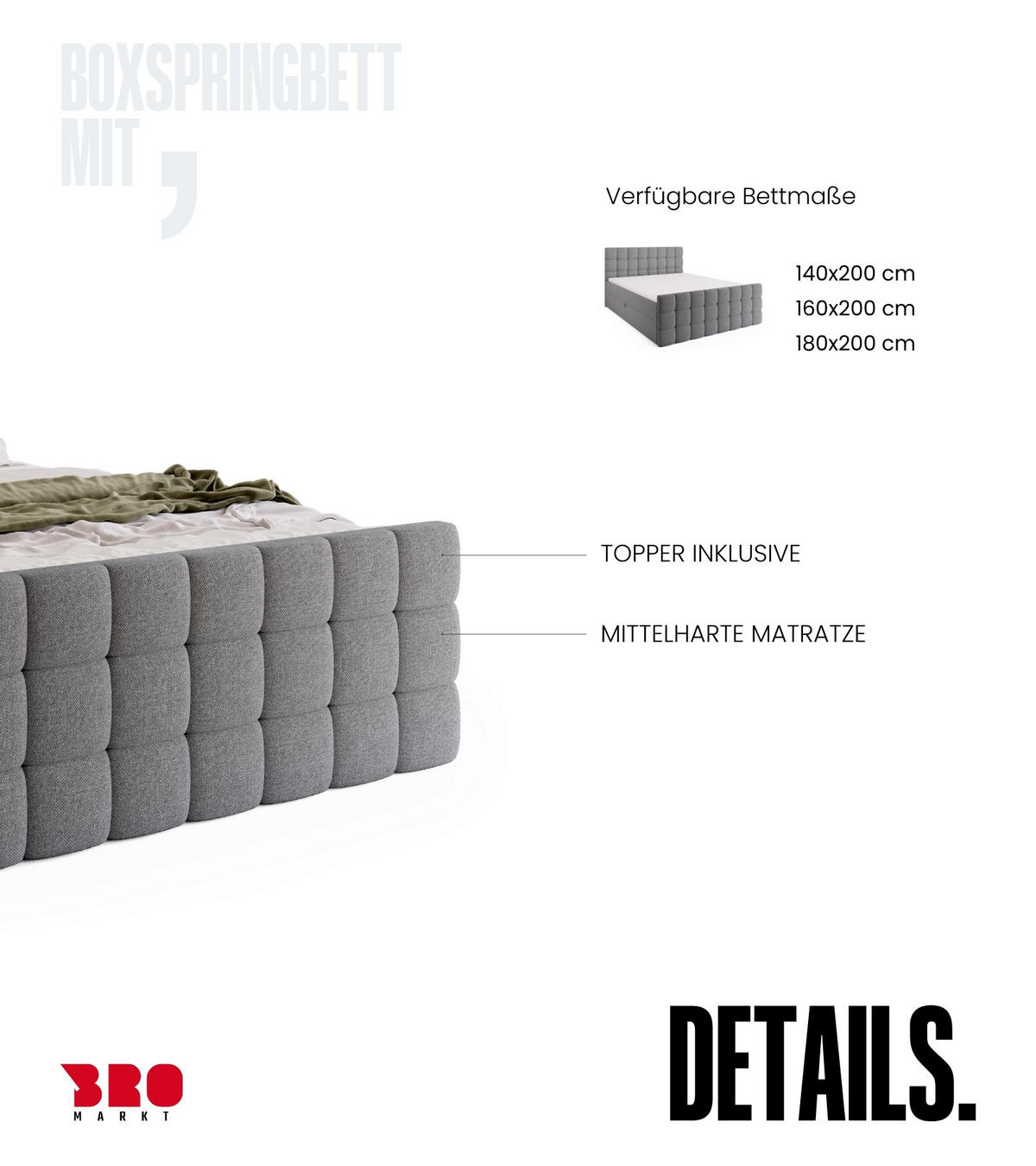 BOXBETT Dakota Duo mit Topper 160/200 Grau - Grau, Holz/Textil (160/200cm) - Bromarkt