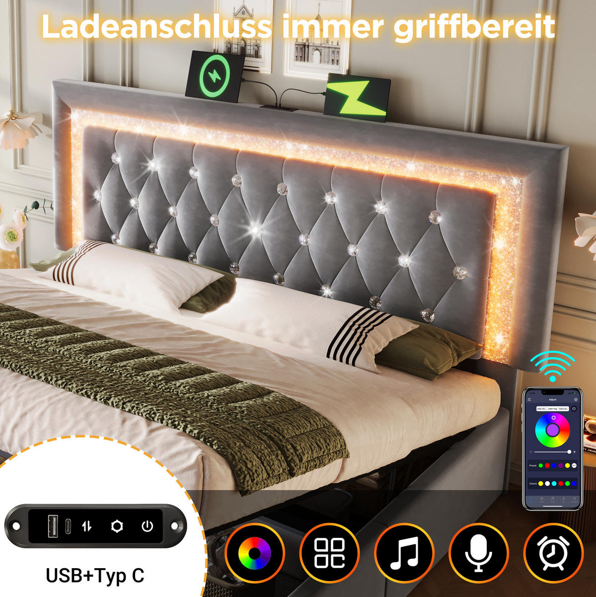 ČALÚNENÁ posteľ 160/200 cm zamat sivá, s LED, úložným priestorom, USB a matracom - sivá, textil (160/200cm) - BEAOK