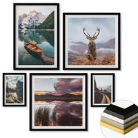 WANDBILDER 5er-Set - 50x50 cm & 20x30 cm & 40x60 cm Schwarzer Rahmen - Bergsee, Bootsfahrt, Sonnenuntergang, Hirsche - Schwarz, Kunststoff (40/60cm) - ArtPrintCave