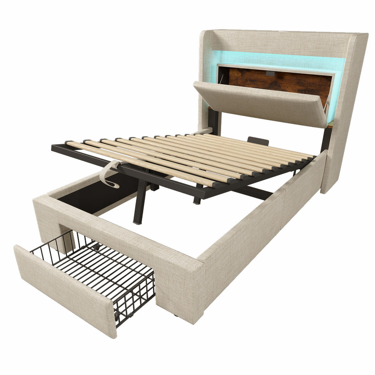 POLSTERBETT 90/200 cm Beige aus Leinen mit LED, USB und Stauraum - Beige, Textil (90/200cm) - OKMYHOME