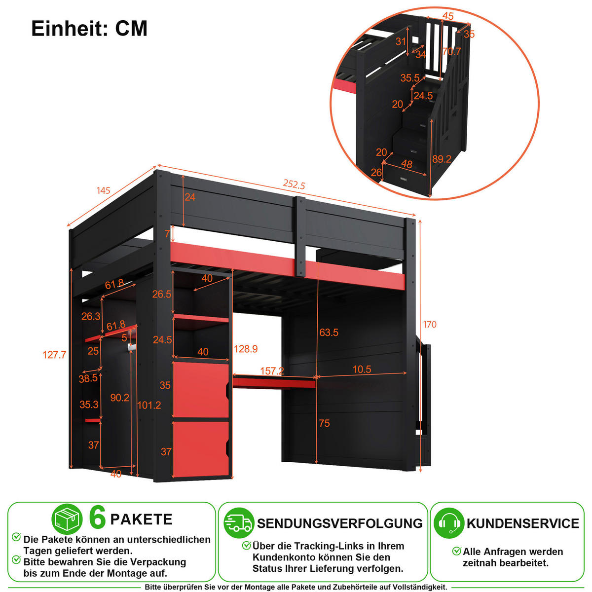 HOCHBETT 140/200 cm in Schwarz & Rot mit Schreibtisch, LED, USB und Treppe mit Stauraum - Rot/Schwarz, Holzwerkstoff (140/200cm) - CHICFURN