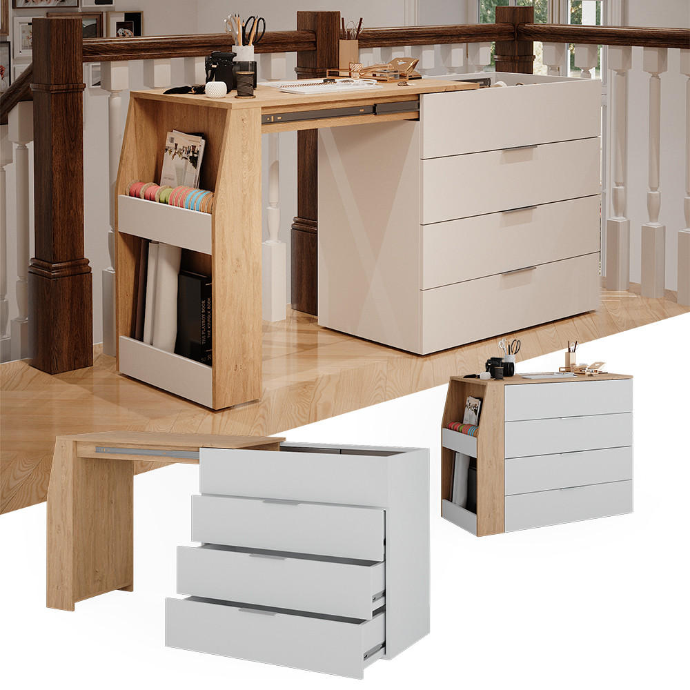 BASTELTISCH Iva Weiß 95.5 x 80 cm ausklappbar, 4 Schubladen - Weiß, Holzwerkstoff (47/95.5/80cm) - Vicco