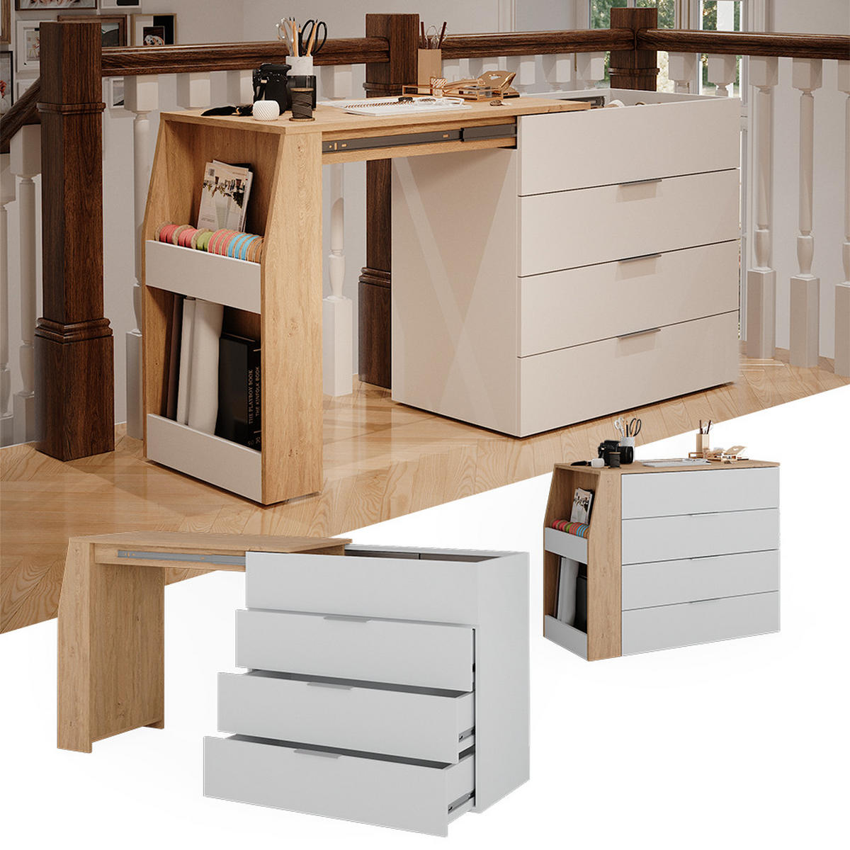 BASTELTISCH Iva Weiß 95.5 x 80 cm ausklappbar, 4 Schubladen - Weiß, Holzwerkstoff (47/95.5/80cm) - Vicco