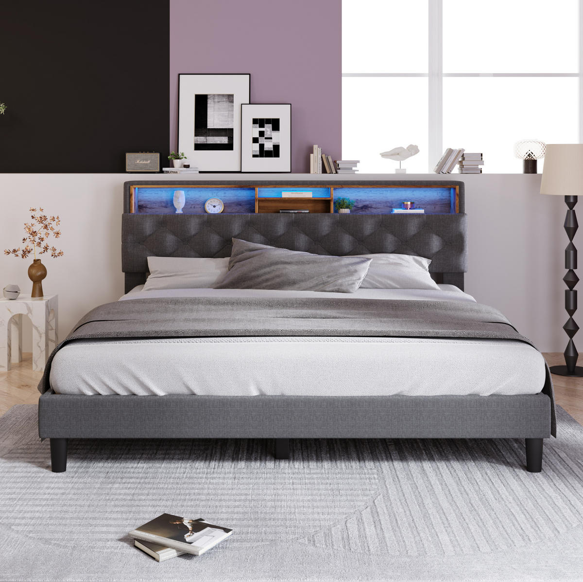 POLSTERBETT 140/200 cm Grau mit Stauraum-Kopfteil und LED-Beleuchtung Mit Matratze - Dunkelgrau, Holz (140/200cm) - OKWISH