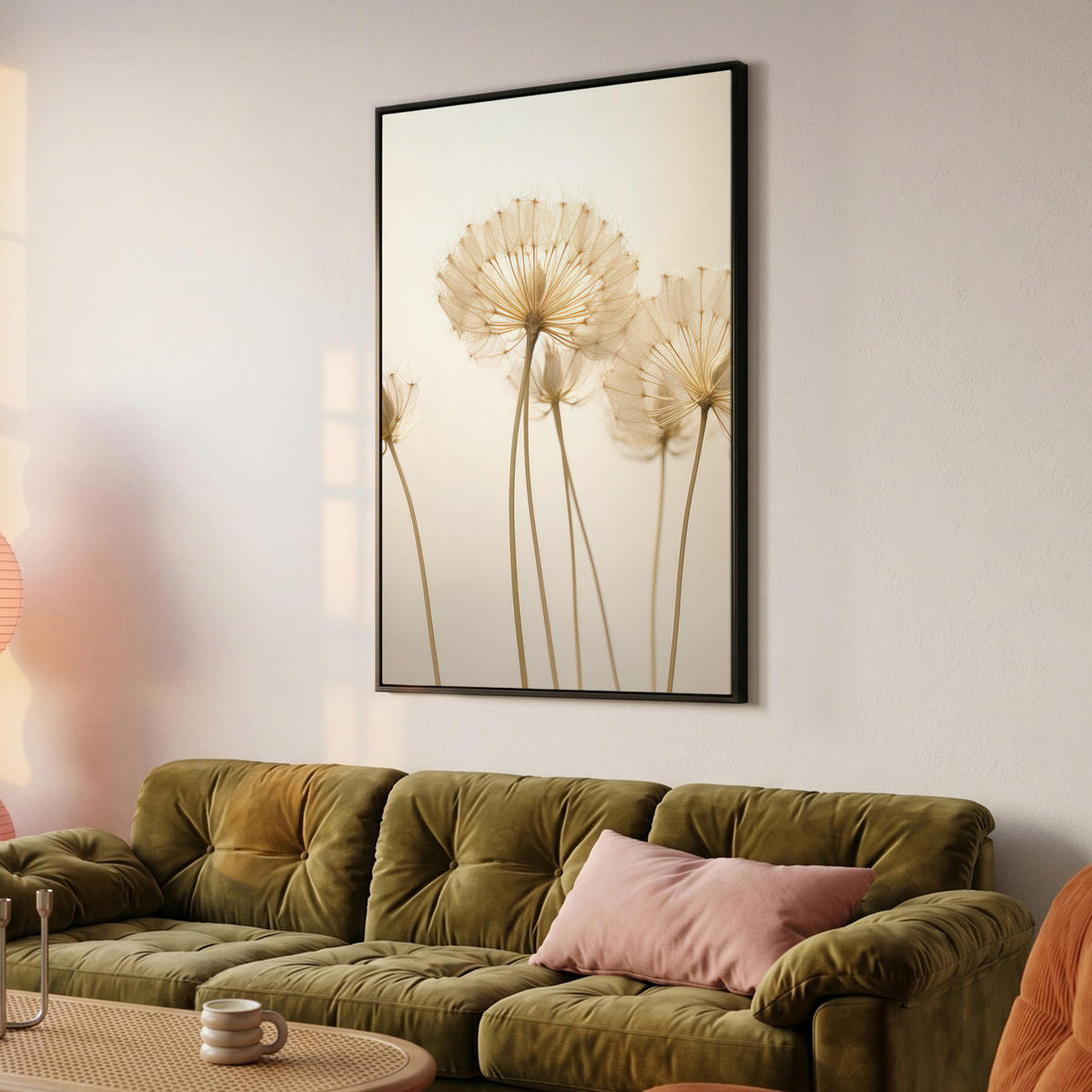 LEINWAND Bilder mit Rahmen - Sonnenlicht - Löwenzahn - Botanisch - Blumen - 100x150 - Creme, Textil (100/150cm) - MuchoWow