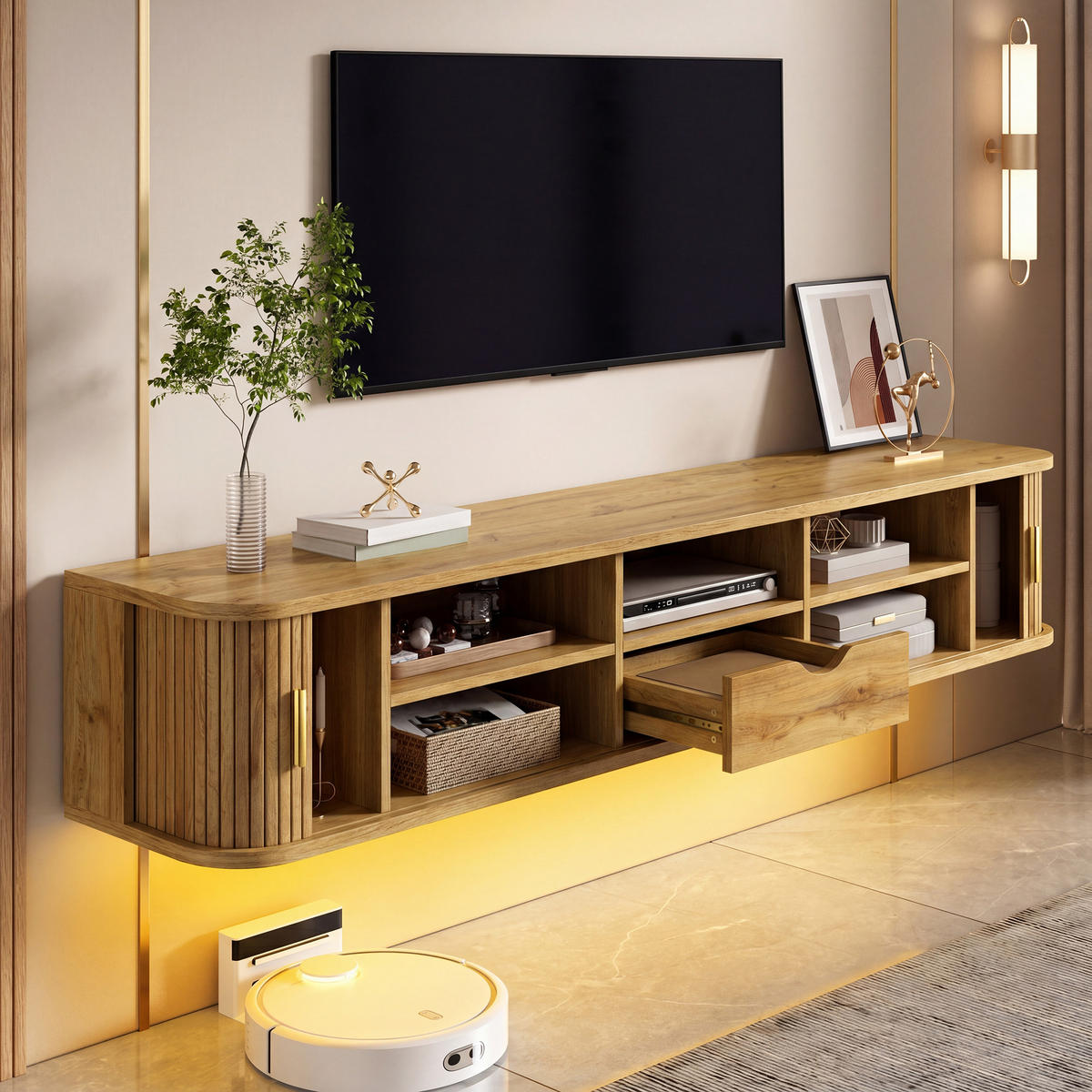TV-BOARD Wandhängend MDF LED Rillenoptik Wohnzimmer - Naturfarben, Holzwerkstoff (175/30/30cm) - FLIEKS