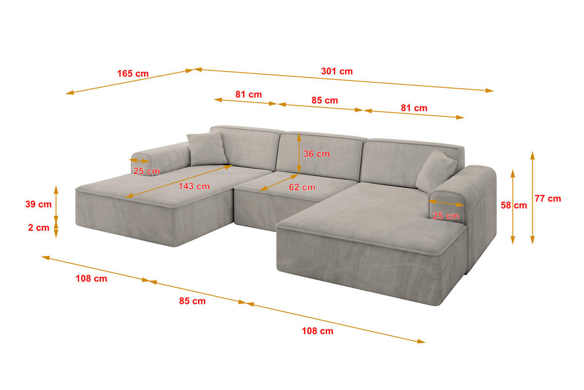 WOHNLANDSCHAFT IREA-U1-v3 - 303x171x79 cm Hellbraun - Hellbraun/Schwarz, Holzwerkstoff/Kunststoff (303/79/171cm) - ALTDECOR