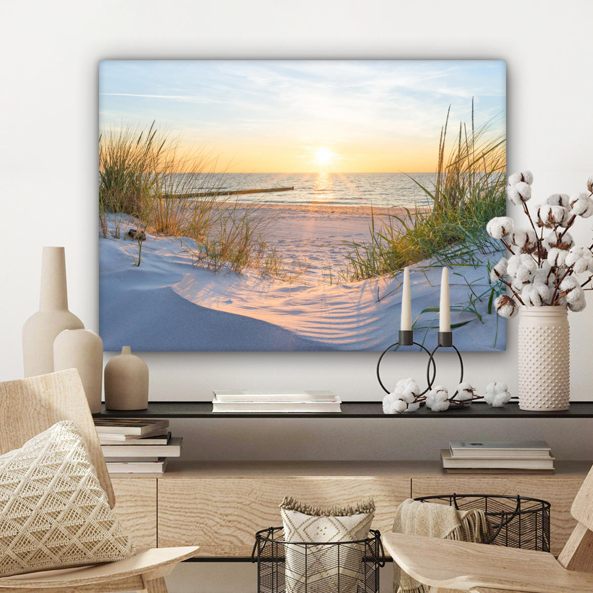 LEINWANDBILD Strand - Sonne - Düne - Gras - Sand - Horizont Wandbilder 80x60 cm - Hellblau, Textil (80/60cm) - MuchoWow