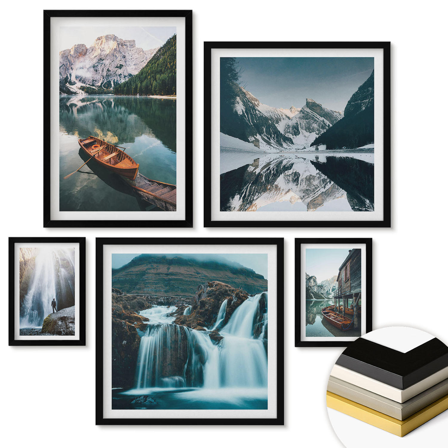 WANDBILDER 5er-Set - 50x50 cm & 20x30 cm & 40x60 cm Schwarzer Rahmen - Spiegelung der Boote auf Bergseen - Schwarz, Kunststoff (40/60cm) - ArtPrintCave