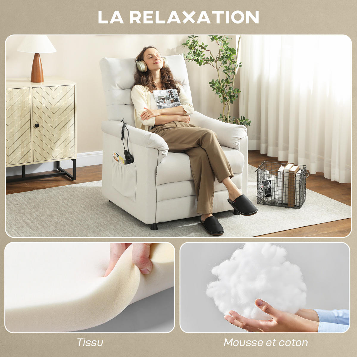MASSAGESESSEL DE-15398 elektrisch mit Massage und Heizung Creme - Creme, Metall (82/106/99cm) - ComfortXL