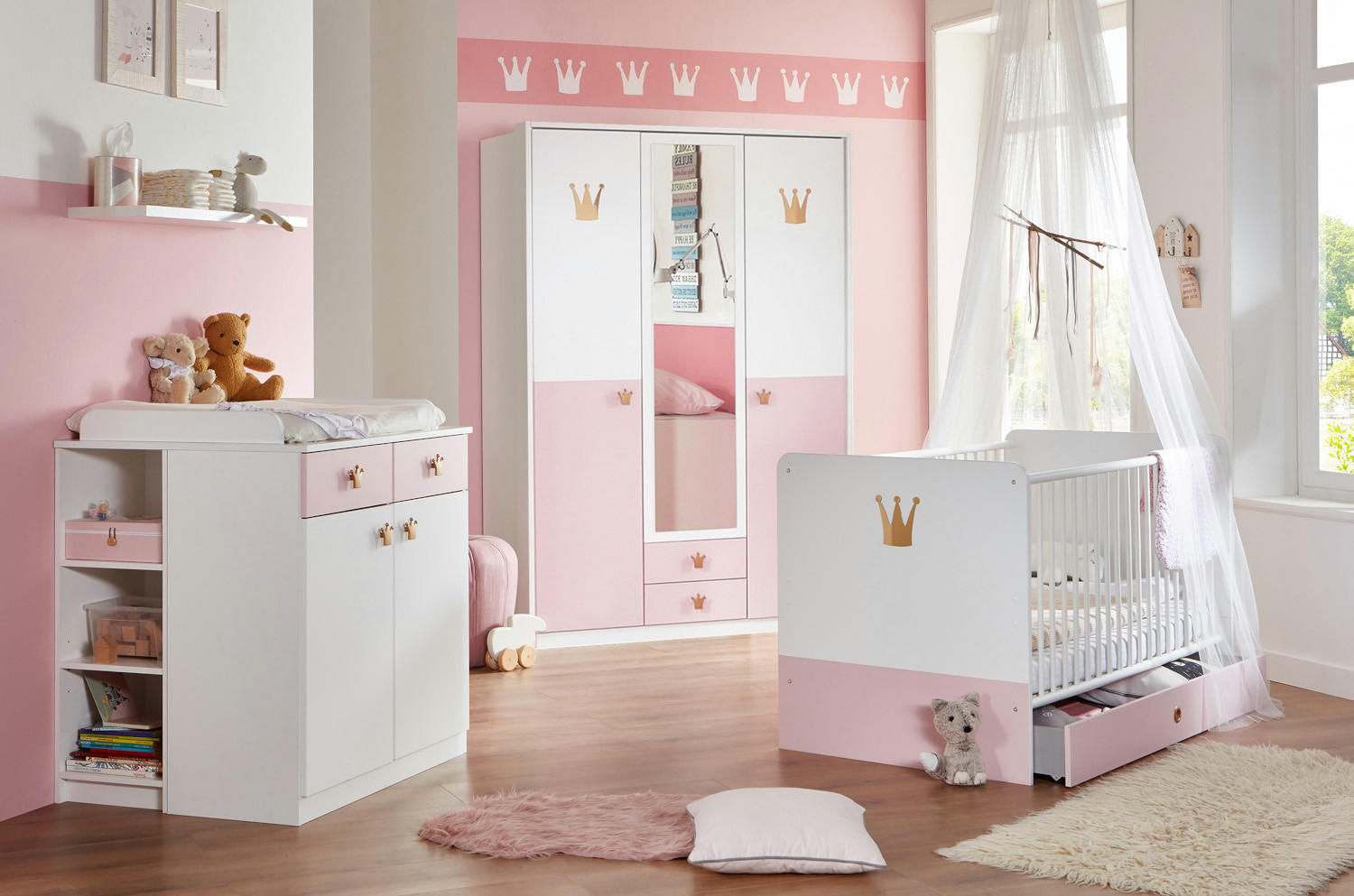 BABYZIMMER Cindy in Weiß und Rosé 8 teilig mit 3 türigem Kleiderschrank - Weiß, Holzwerkstoff (120/200/80cm)
