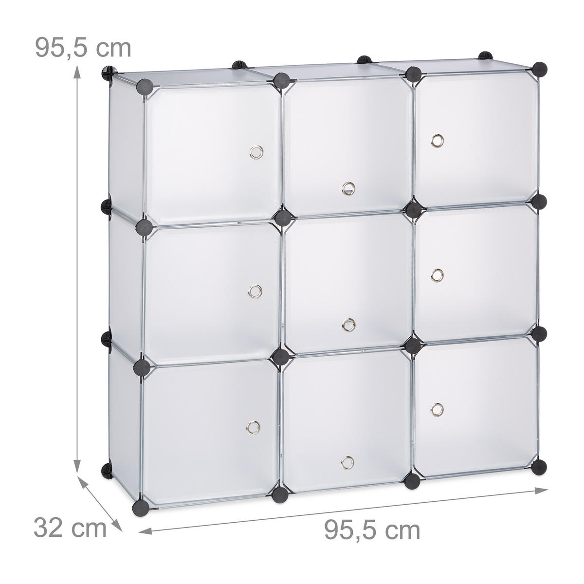 REGÁL transparentný 9 priehradiek s dvierkami 95,5 cm - priehľadné, kov/plast (95.5/95.5/32cm) - Relaxdays