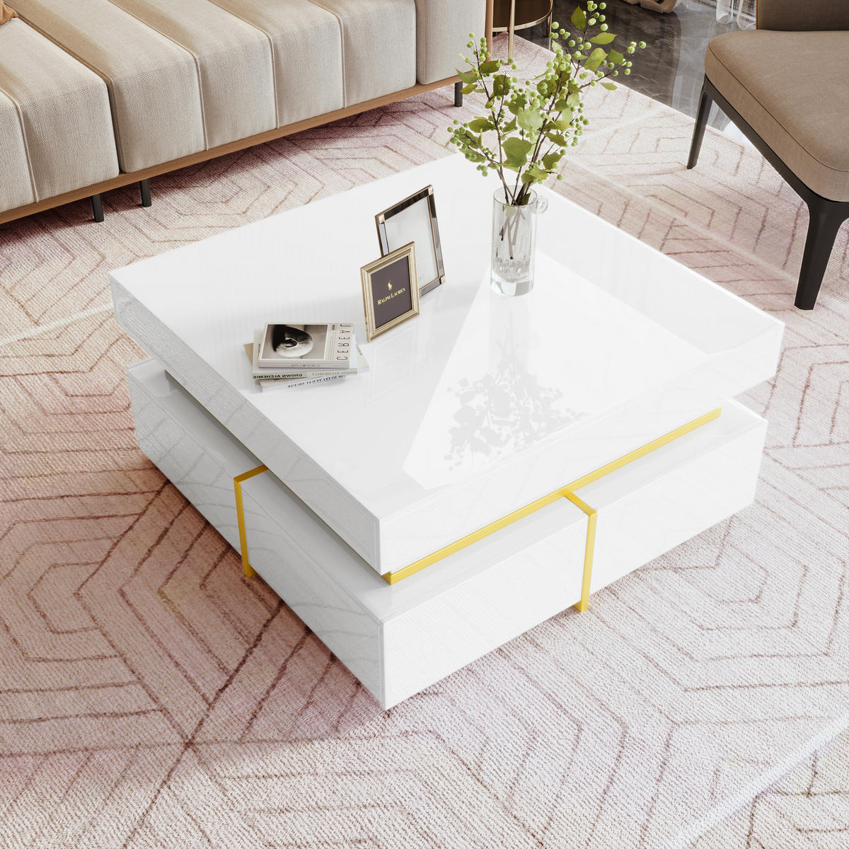 COUCHTISCH 70/35,5 cm Hochglanz mit goldenen Akzenten und 2 Schubladen - Weiß, Holzwerkstoff (70/70/35.5cm) - OKWISH