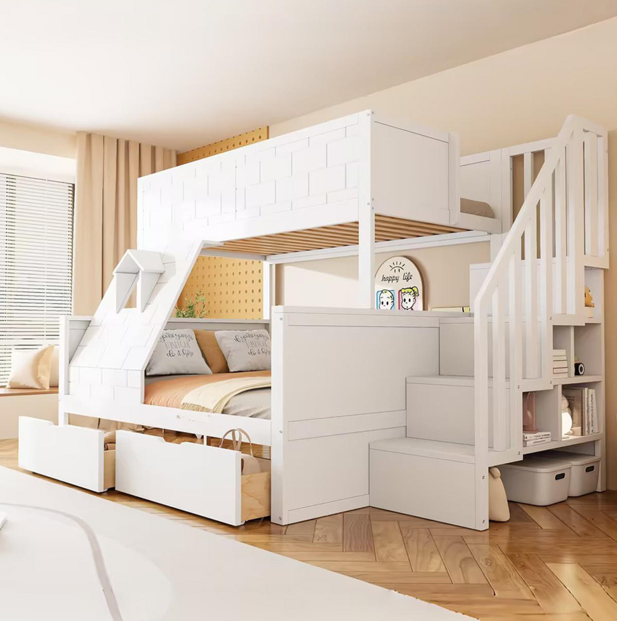 ETAGENBETT aus Kiefernholz 90x200/140x200 cm in Weiß mit Treppe & 2 Schubladen - Weiß, Holz (90/200cm) - Modfu