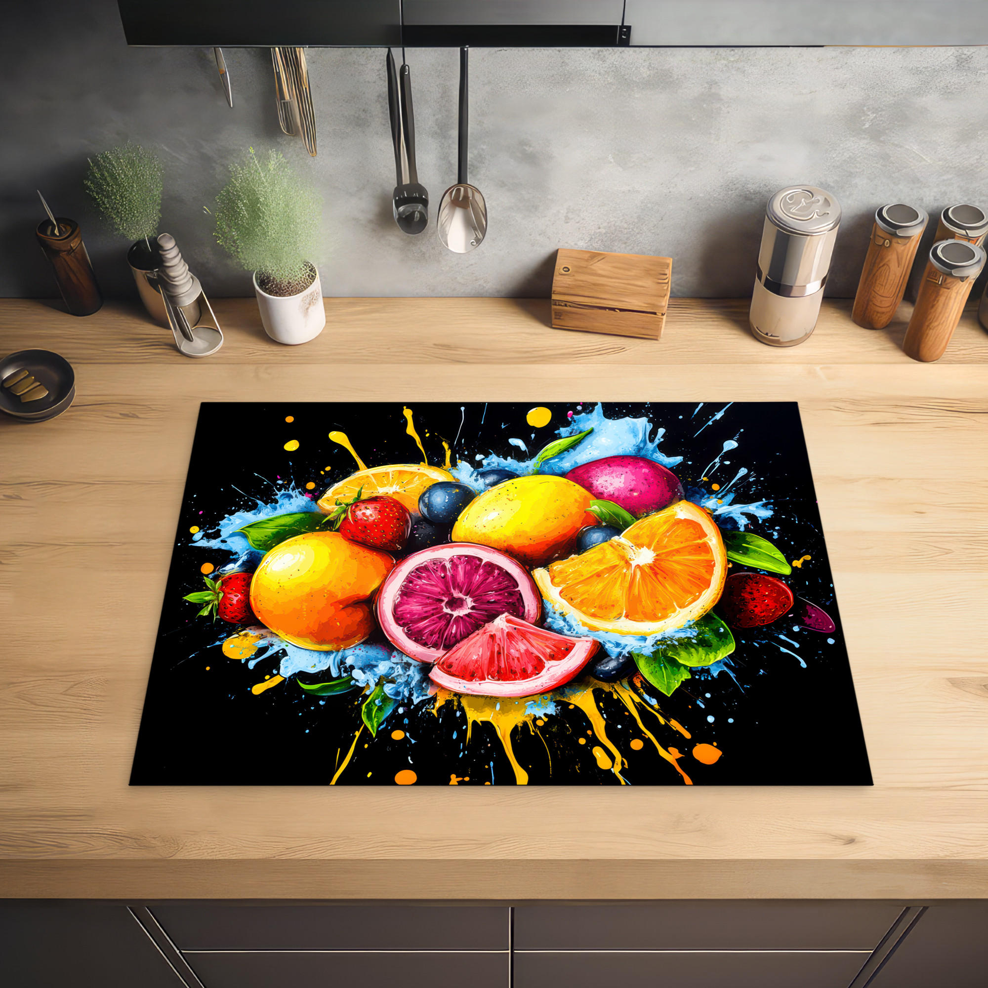 HERDABDECKPLATTE Obst - Graffiti - Bunt - Orange - Erdbeere - Abstrakt 70x52 cm - Orange, Kunststoff (70/0.2/52cm) - MuchoWow