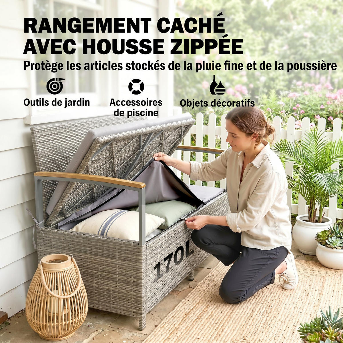 GARTENBANK mit staufach DE-13692 170 Liter Grau - Hellgrau, Holz (120/84/60cm) - ComfortXL
