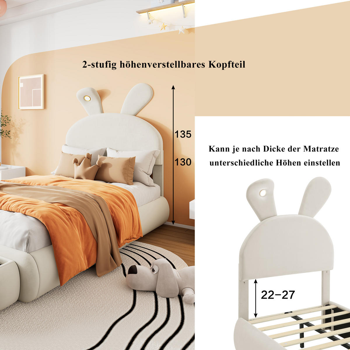 KINDERBETT 90/200 cm Beige Polsterbett Samt Hasenohren LED mit Aufbewahrungshockern - Beige, Holz/Textil (90/200cm) - PARAFTA HOME