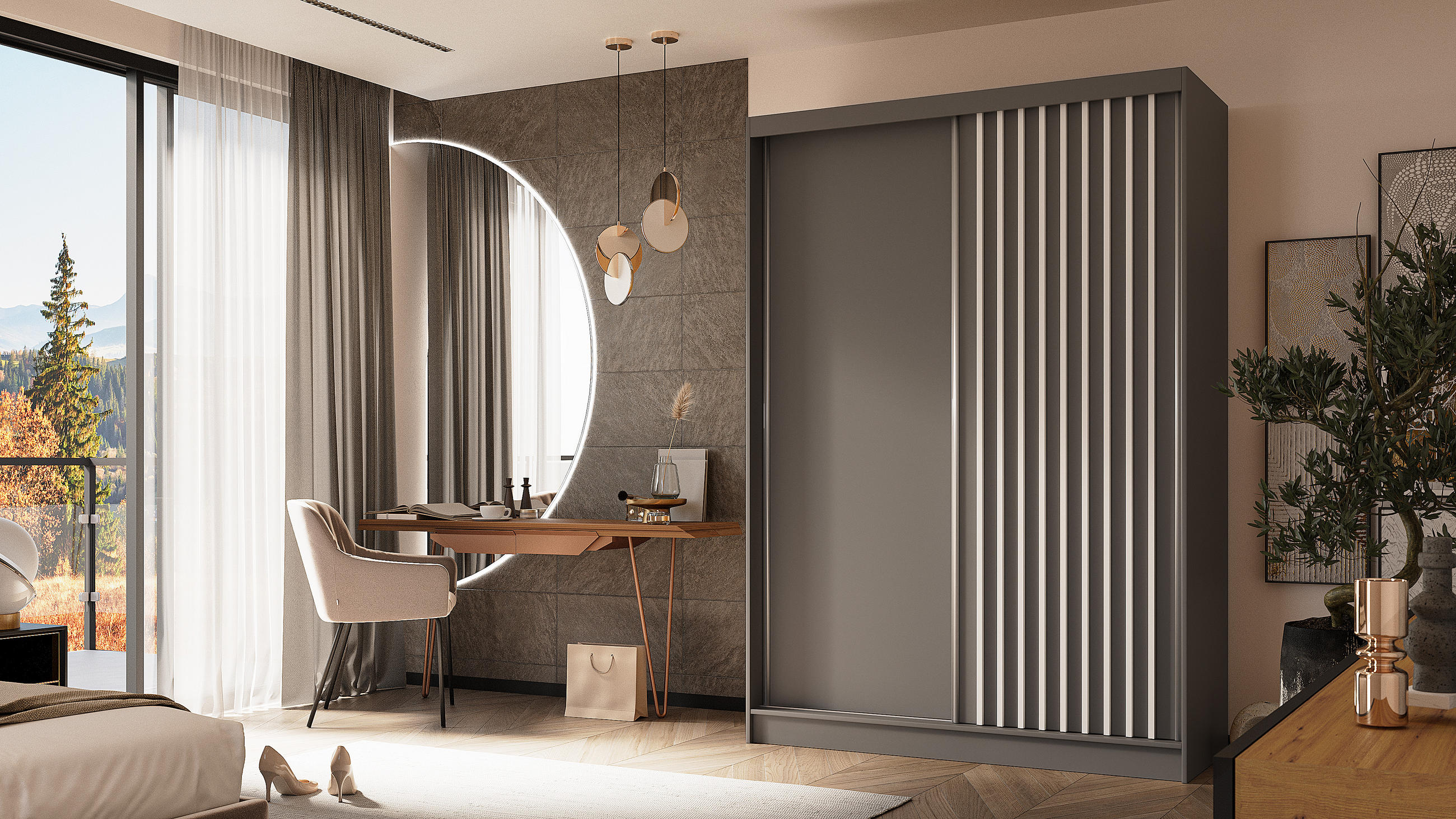 KLEIDERSCHRANK mit furnierten Schiebetüren und Aluminium-Leisten, LED-Beleuchtung - LABELO - 150 cm Grau+Grau+Weiß - Weiß/Grau, Holzwerkstoff (150/216/61cm) - ALTDECOR