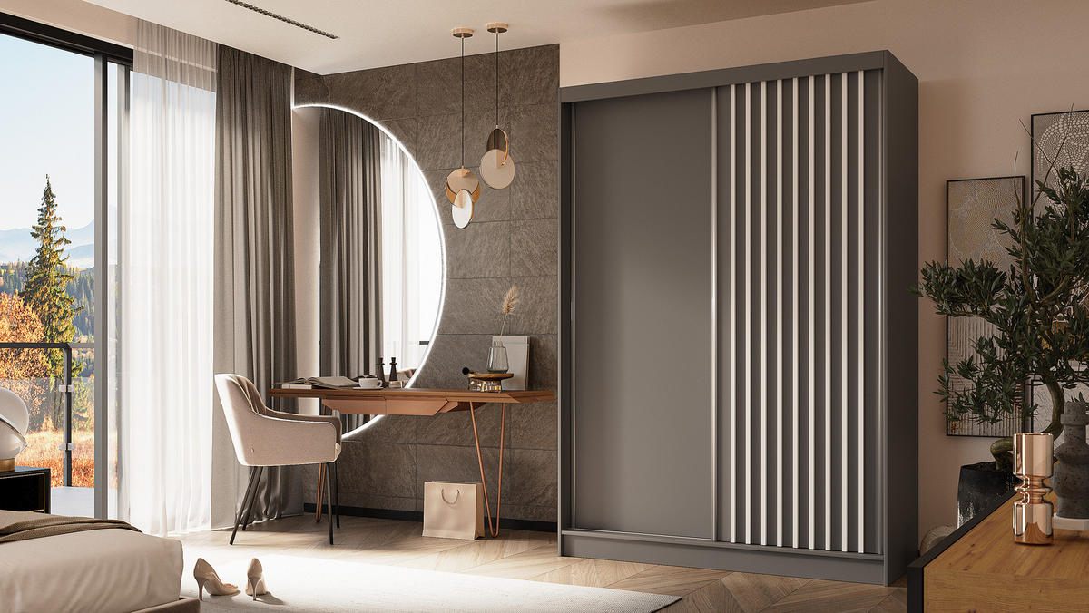KLEIDERSCHRANK mit furnierten Schiebetüren und Aluminium-Leisten, LED-Beleuchtung - LABELO - 150 cm Grau+Grau+Weiß - Weiß/Grau, Holzwerkstoff (150/216/61cm) - ALTDECOR
