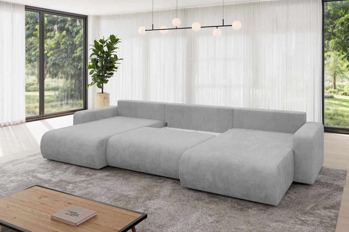 SEDACÍ SOUPRAVA DO U s funkcí spaní a úložným prostorem BERY-U 377x193x88 šedá manšestr - šedá/černá, kompozitní dřevo/textil (377/88/193cm) - ALTDECOR