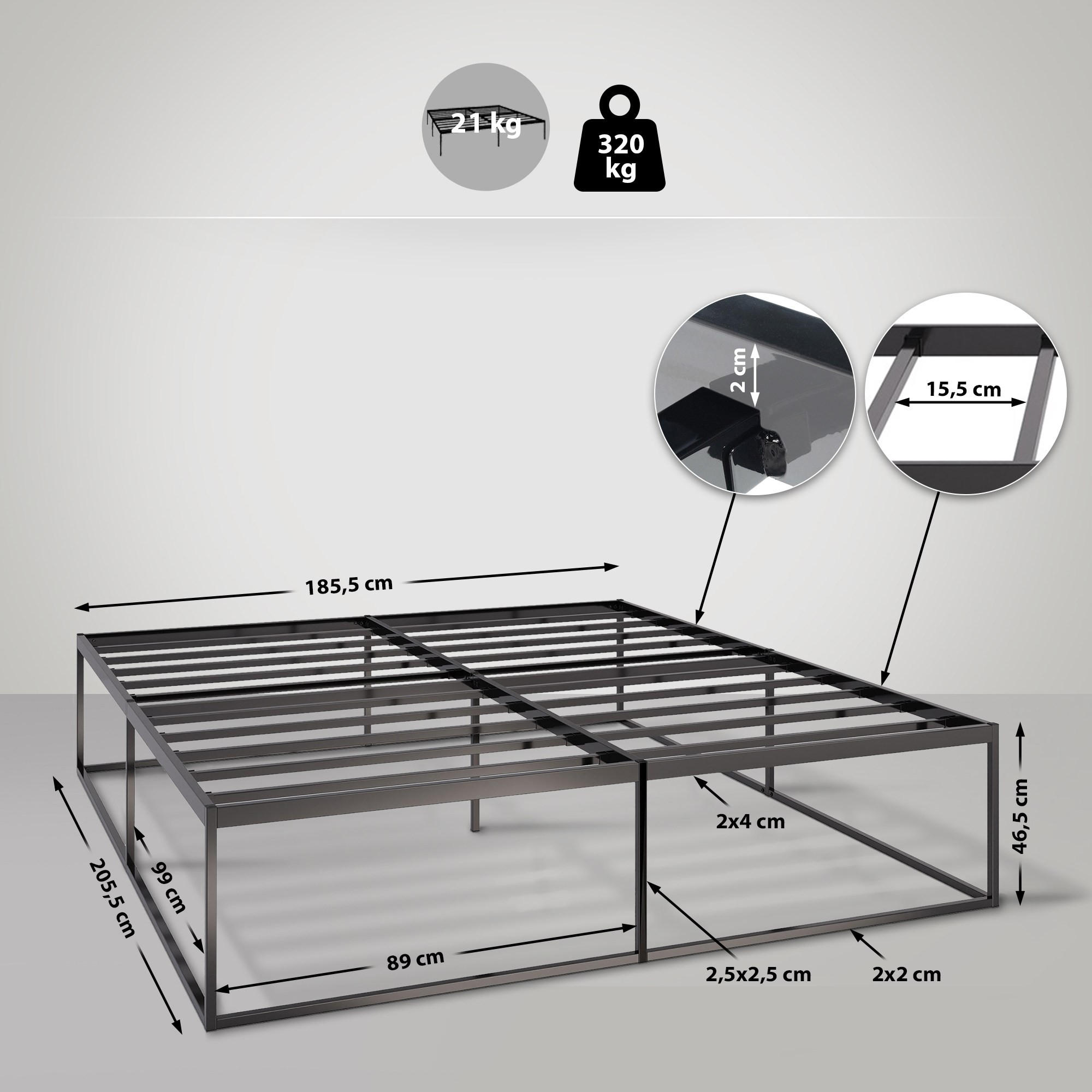METALLBETT 185.5/205.5/46.5 cm Metall Schwarz - Schwarz, Metall (185.5/205.5cm) - CLP