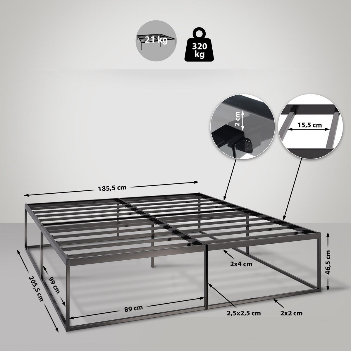 METALLBETT 185.5/205.5/46.5 cm Metall Schwarz - Schwarz, Metall (185.5/205.5cm) - CLP