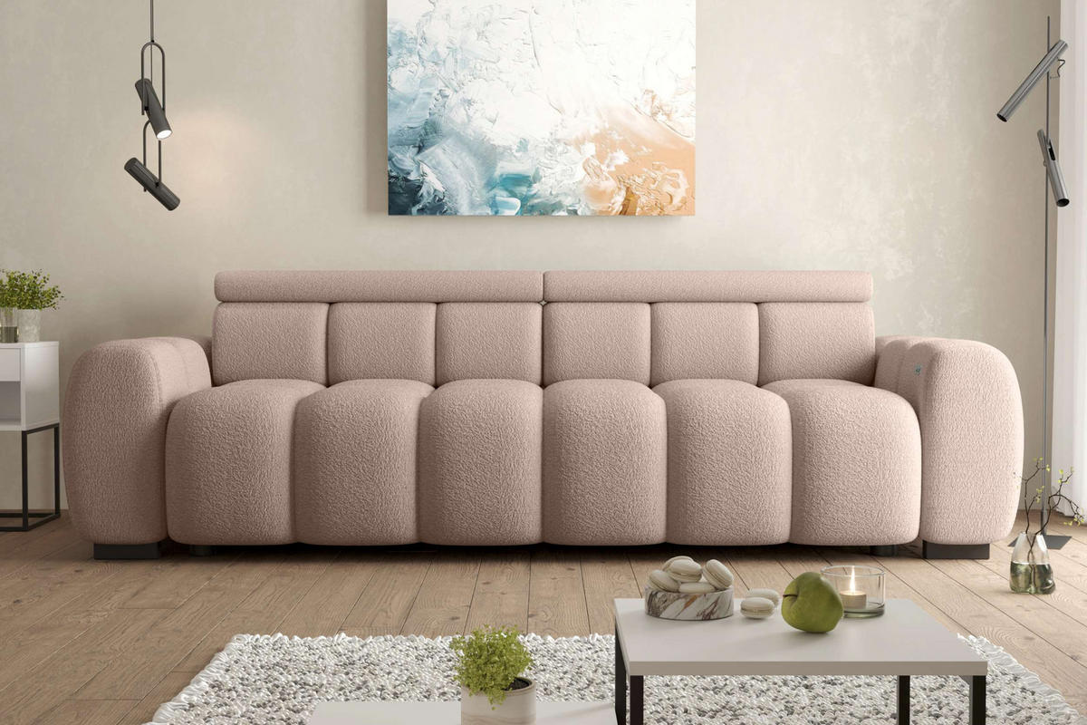 BIGSOFA ALESSIO Bouclé-Stoff Rosa mit elektrischer Sitztiefenverstellung - Rosa, Kunststoff/Textil (248/77/108cm) - 99rooms