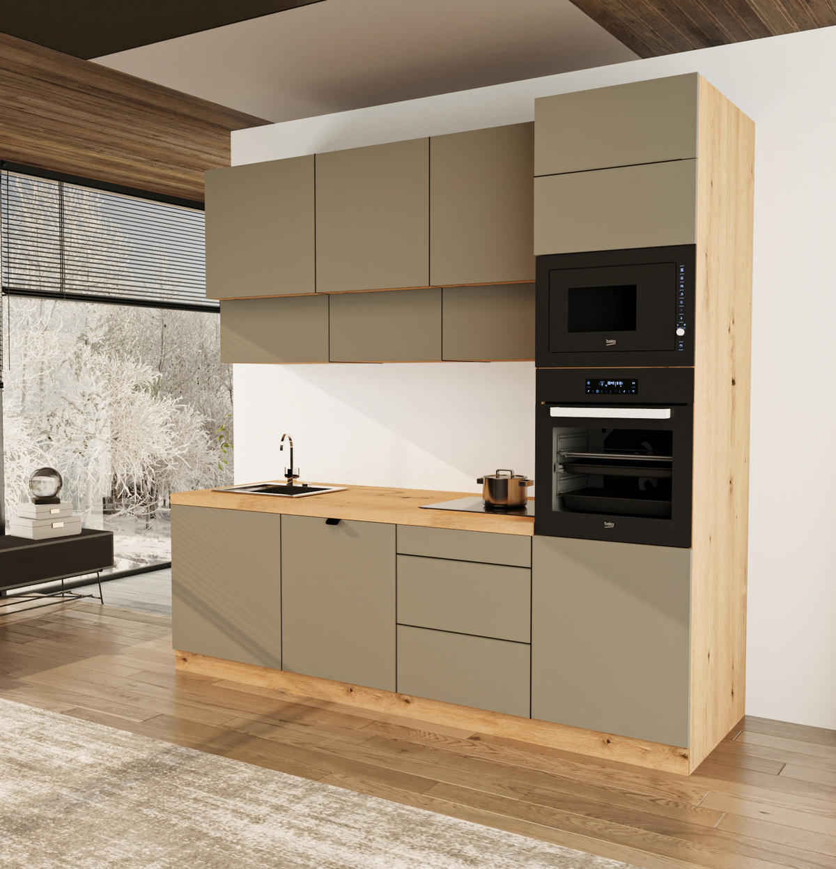 KÜCHENZEILE 240 cm - Langen KL27-M240 - in Beige/Matt - Beige, Holz (240/248/58cm)