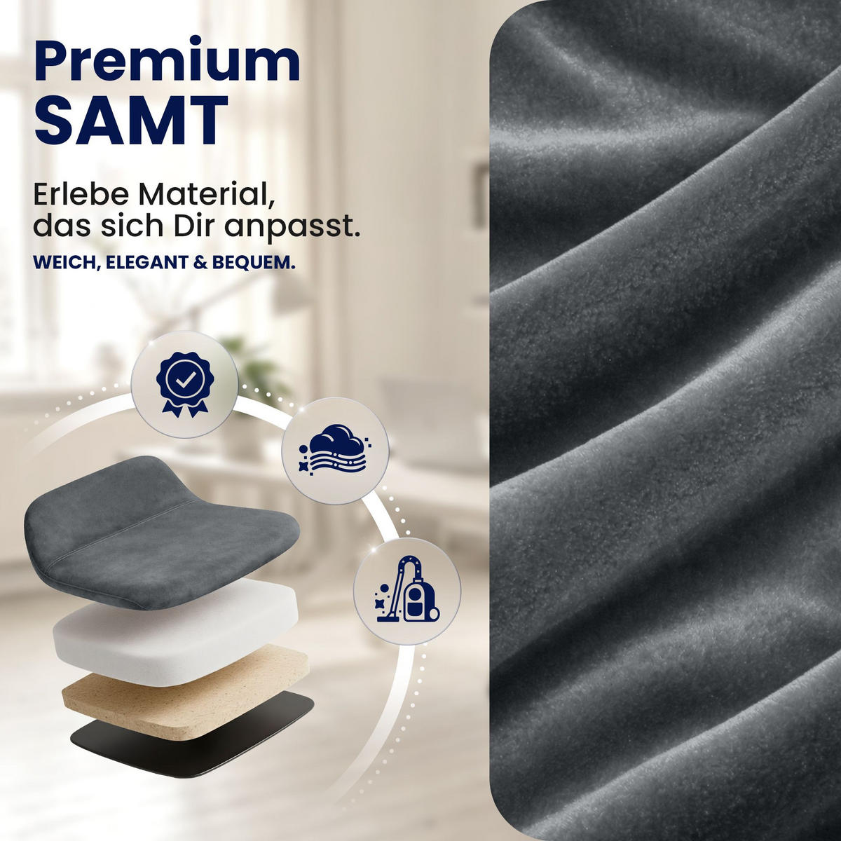 DREHSTUHL Samt Grau - Schwarz/Grau, Textil (62/86/68cm) - CLP
