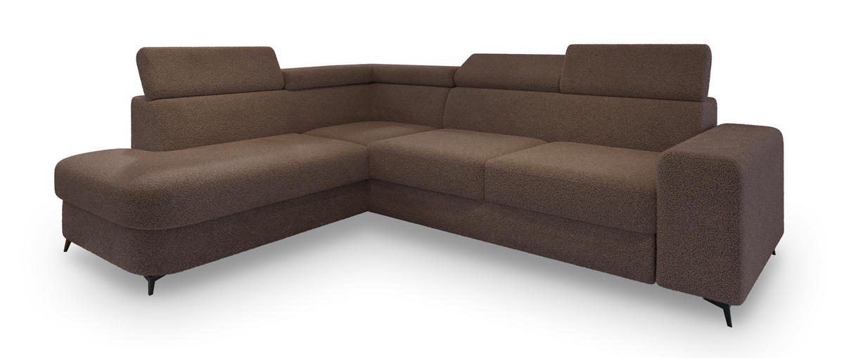 ECKSOFA ALVORO L-S Braun Boucle-Stoff mit Schlaffunktion - Braun, Holz (253/190cm) - MASSENO