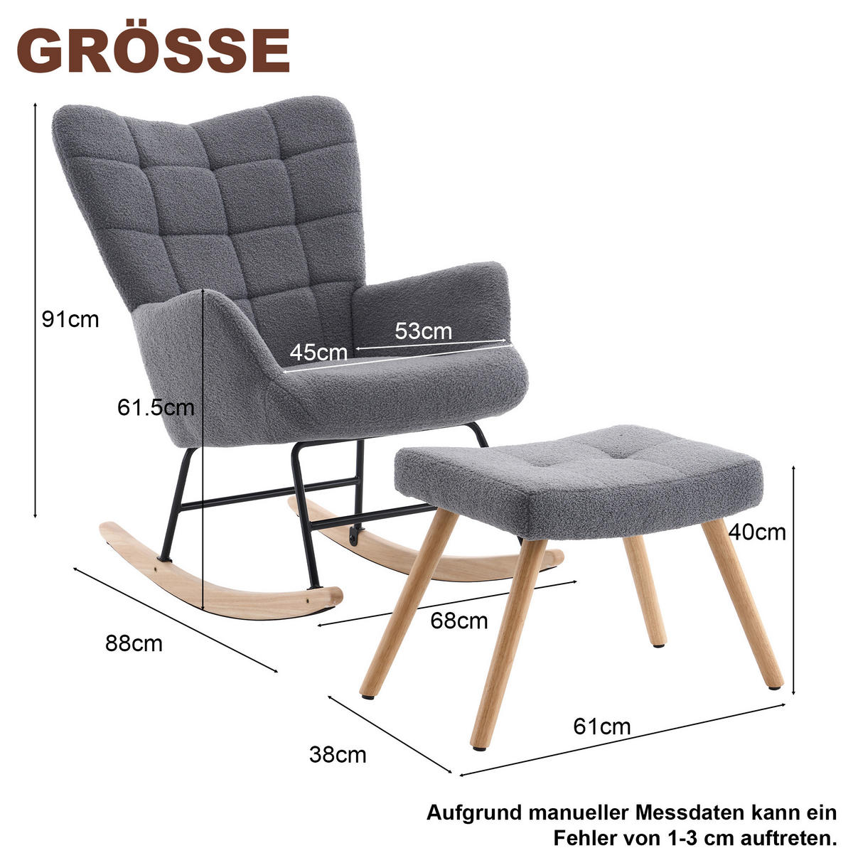 SCHAUKELSTUHL wohnzimmer mit hocker und verdicktem Sitzkissen ,Bodenschutzleiste, grau - Grau, Holzwerkstoff/Textil (68/91/88cm) - STILVORA
