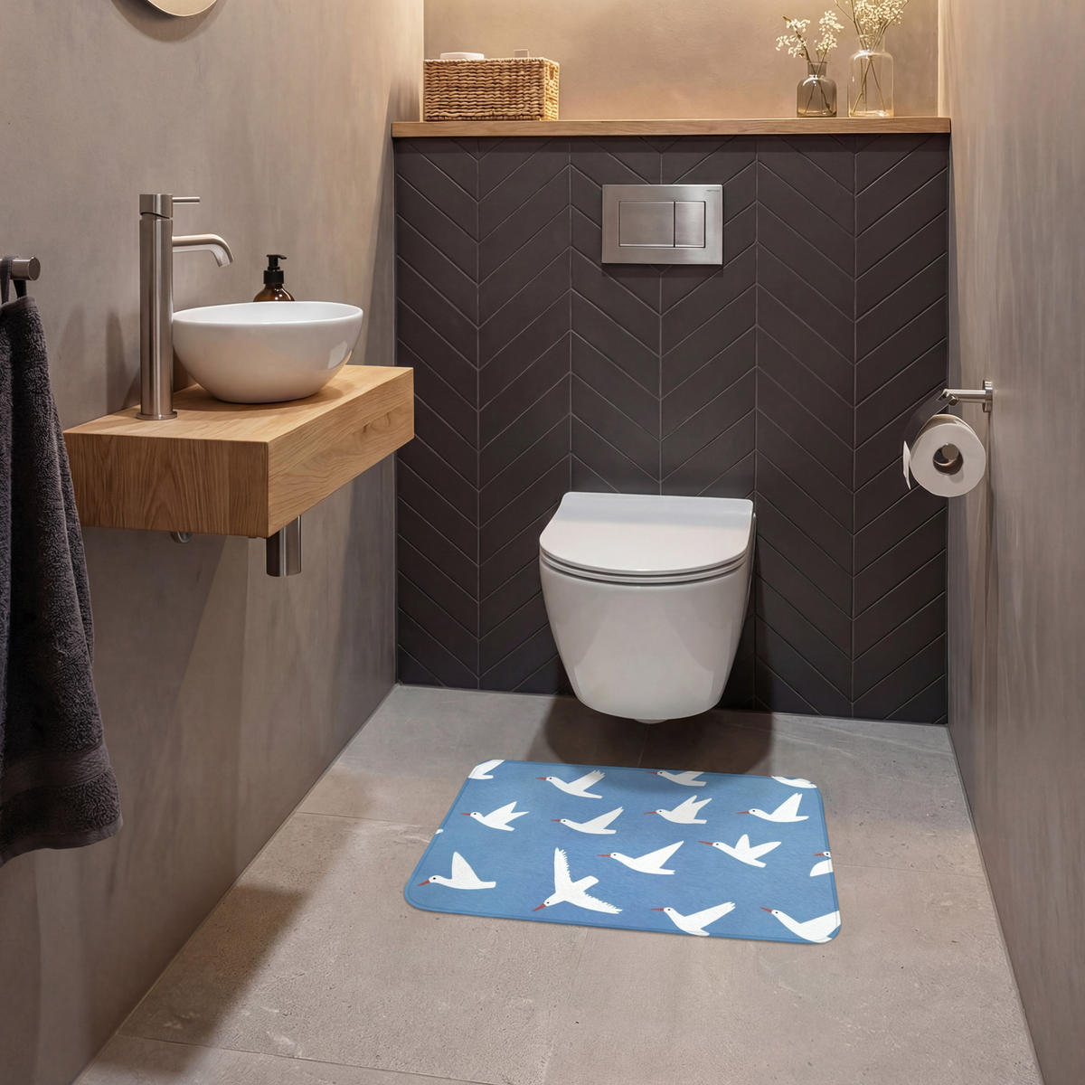 WC PŘEDLOŽKA Ptáci - bílá - vzor 60x40 cm - modrá, textil/plast (60/1cm) - OnlyWow