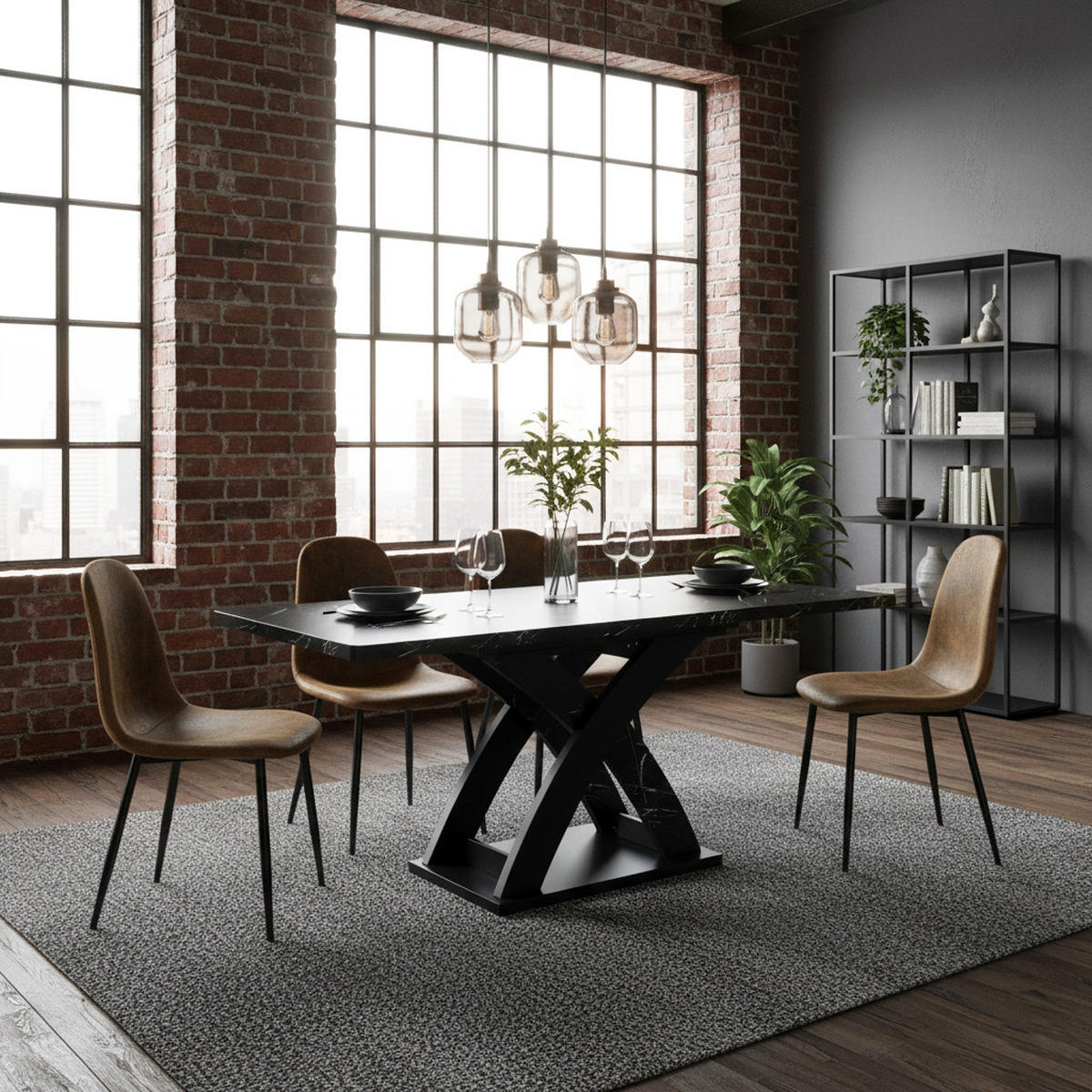 TISCHGRUPPE 5-teilig Ausziehtisch in Marmoroptik & 4 Polsterstühle im Vintage-Look - Schwarz, Holzwerkstoff/Textil (160/75/80cm) - Urban Meuble