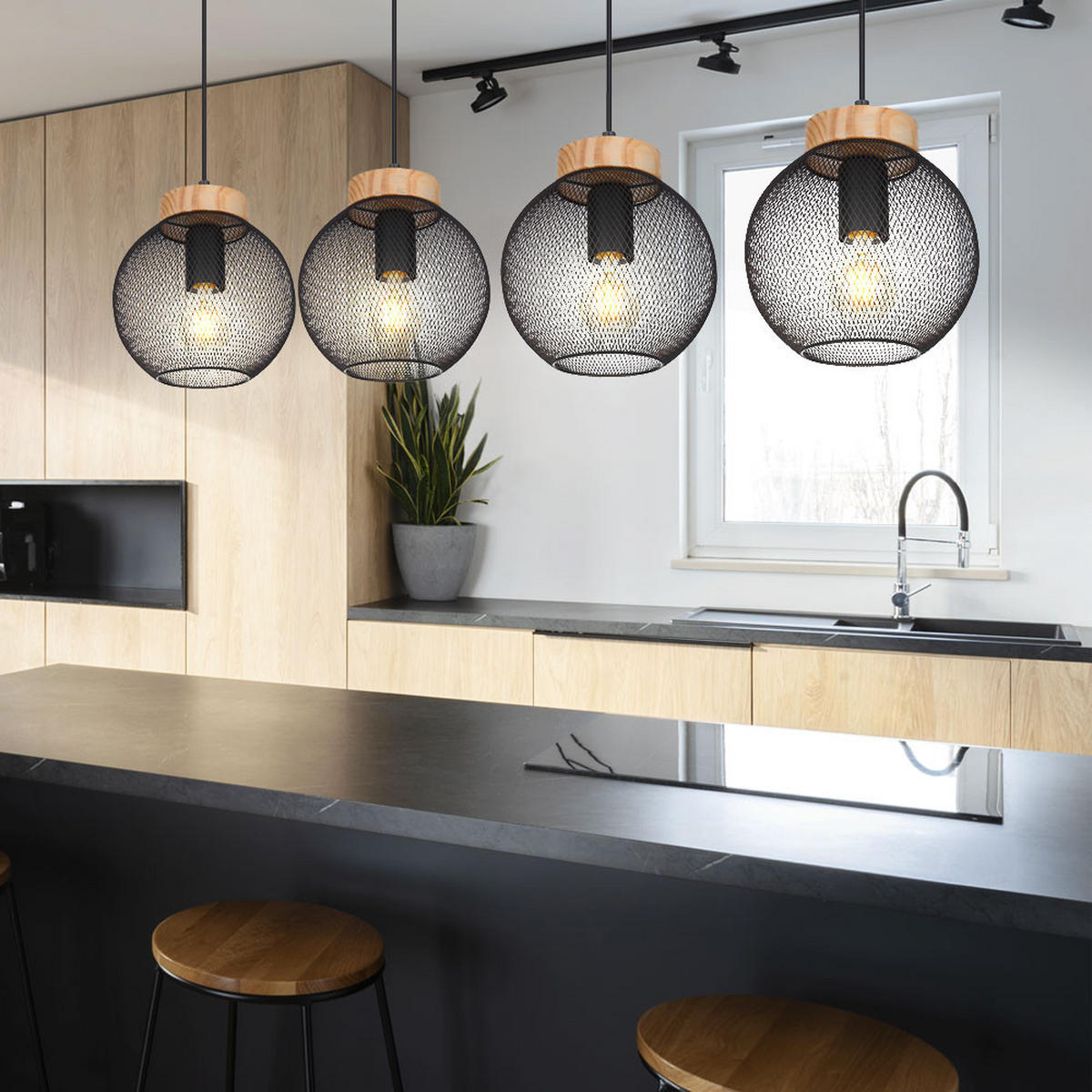 HÄNGELEUCHTE Metall Schwarz Drahtgeflecht - Schwarz, Holz (95/20/120cm) - Globo Lighting