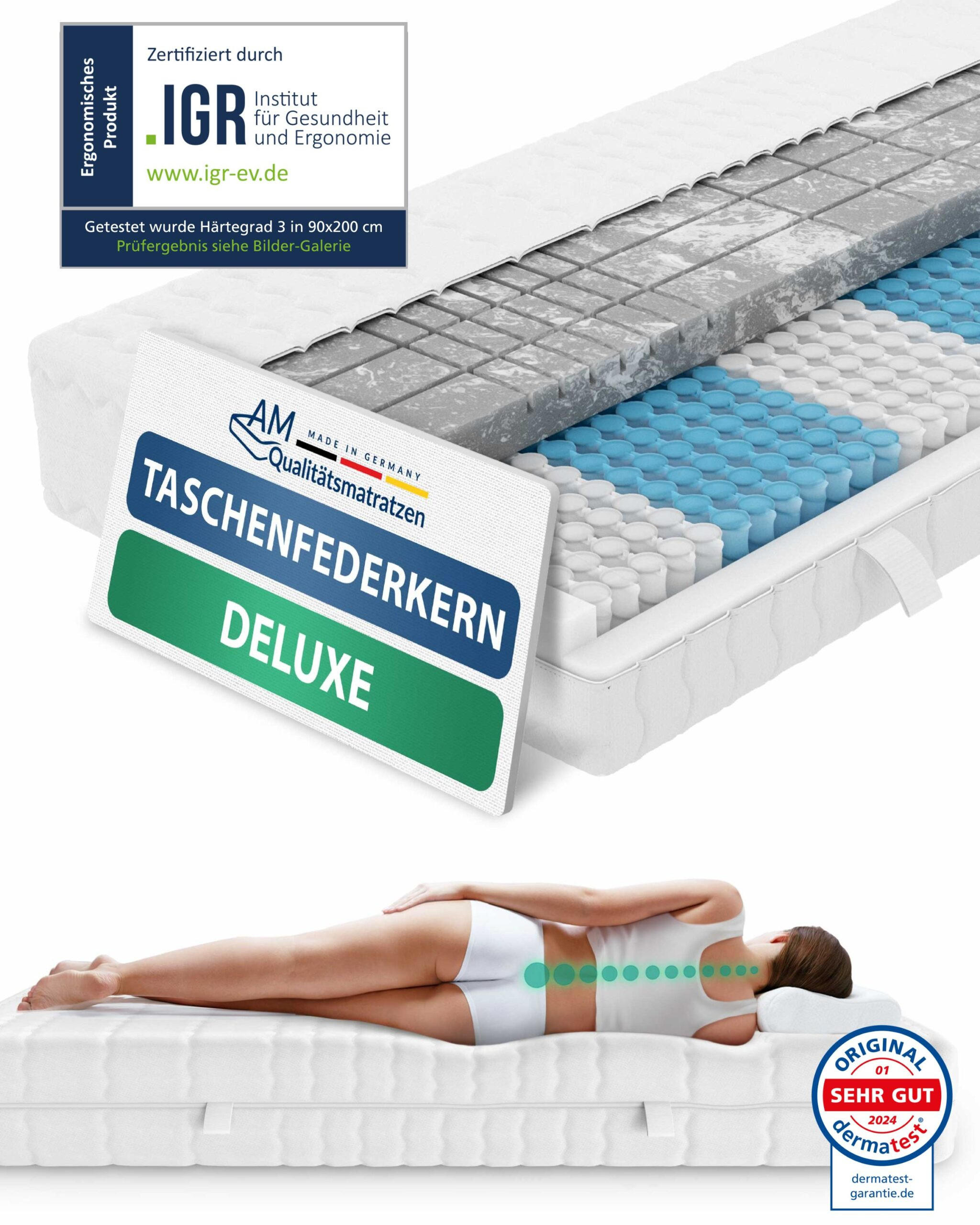 TASCHENFEDERKERNMATRATZE 3D Deluxe 90/200 cm H3 - 24cm Höhe & Tencel Bezug - Weiß, Textil (90/200cm) - AM Qualitätsmatratzen