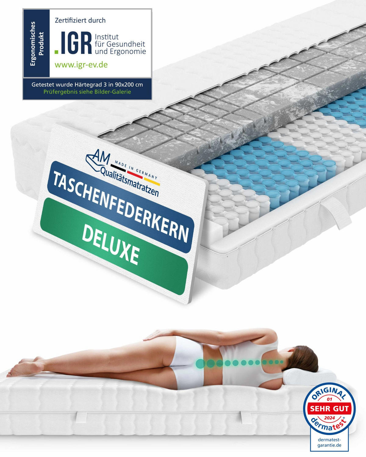 TASCHENFEDERKERNMATRATZE 3D Deluxe 140/200 cm H3 - 24cm Höhe & Tencel Bezug - Weiß, Textil (140/200cm) - AM Qualitätsmatratzen