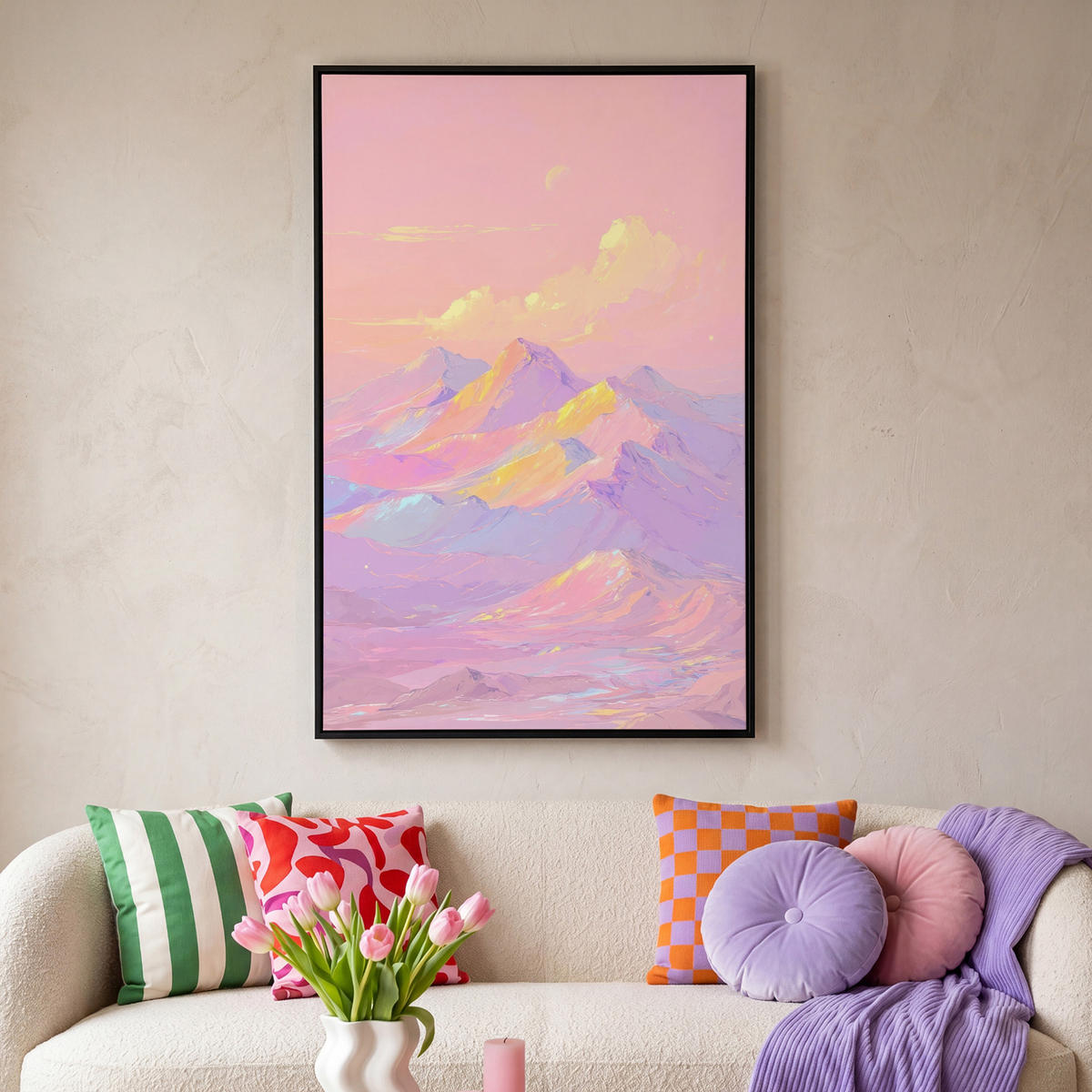LEINWAND Bilder mit Rahmen - Berggipfel - Wolken - Verträumt - 90x140 - Hellrosa, Textil (90/140cm) - MuchoWow