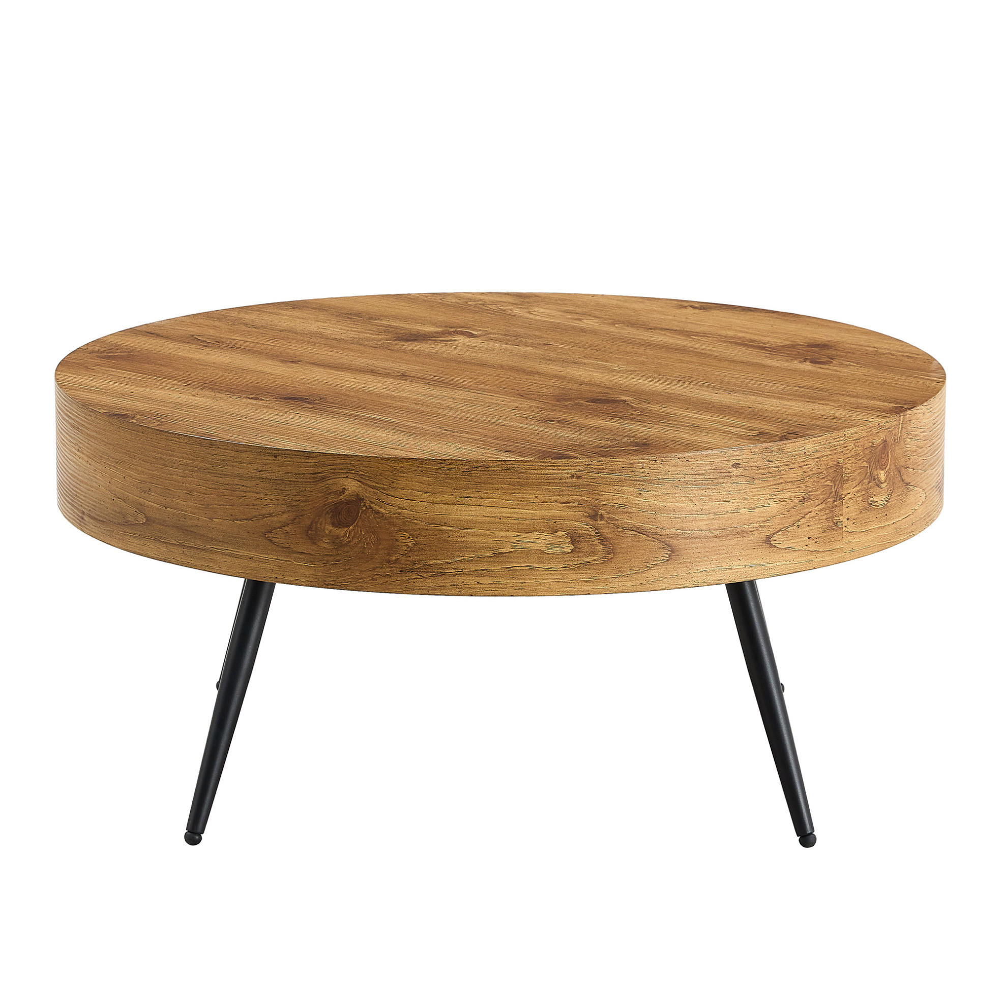 COUCHTISCH 70/70/35,5 cm mit runder MDF-Tischplatte in Holzoptik und stabilen Metallbeinen, Schwarz/Holzoptik - Schwarz, Holzwerkstoff (70/70/35.5cm) - Redom
