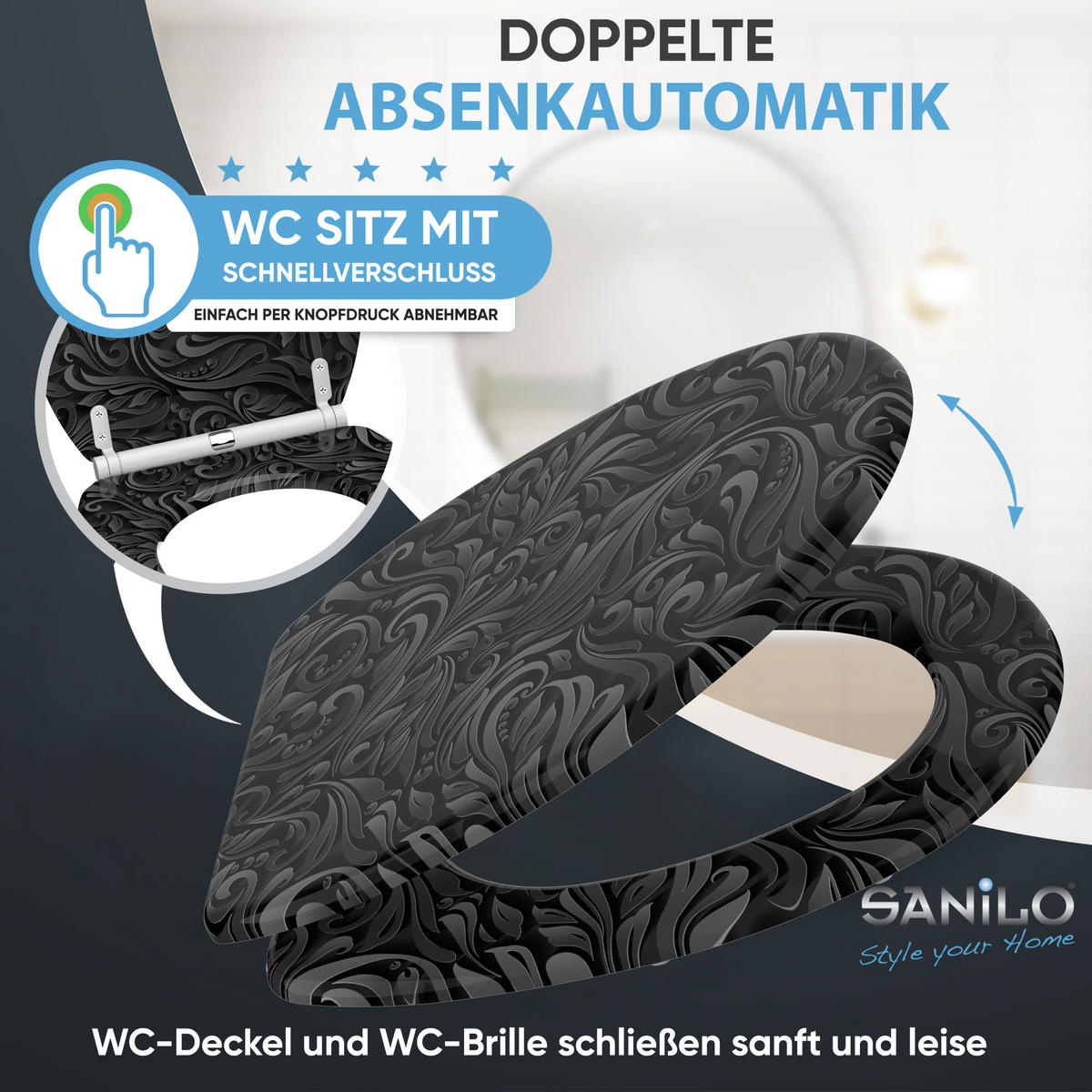 WC-SITZ mit Absenkautomatik & Top Fix Floral - Schwarz, Holzwerkstoff (37.7/5.5/48cm) - Sanilo