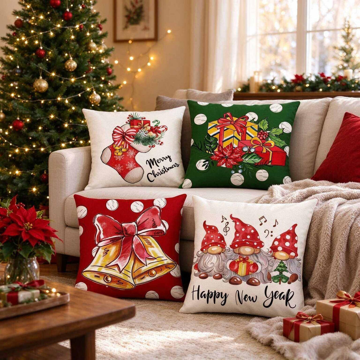 KISSENBEZUG – Weihnachtskissenbezug (Kissenfüllung nicht enthalten) – 45 x 45 cm – Multicolor(vier Stück) - Multicolor, Textil (45/45cm)