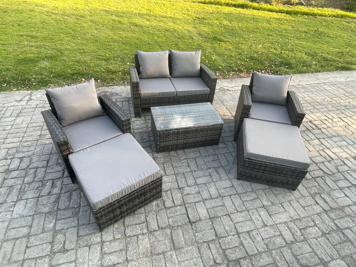 GARTENMÖBEL SET MIT COUCHTISCH 2 HOCKER Polyrattan Dunkelgrau Gemischt 6-Sitzer - Dunkelgrau, Metall - Fimous