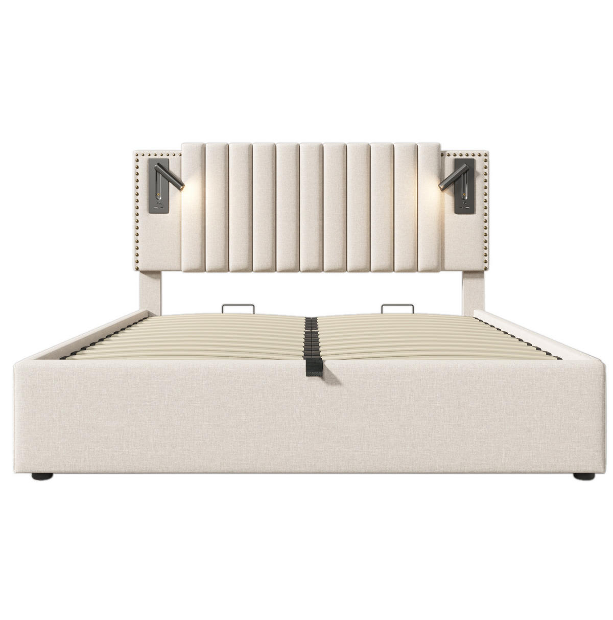 POLSTERBETT 180/200 cm mit Bettkasten, höhenverstellbarem Kopfteil, LED-Leselicht & USB/Type-C, Beige - Beige, Textil (180/200cm) - Redom