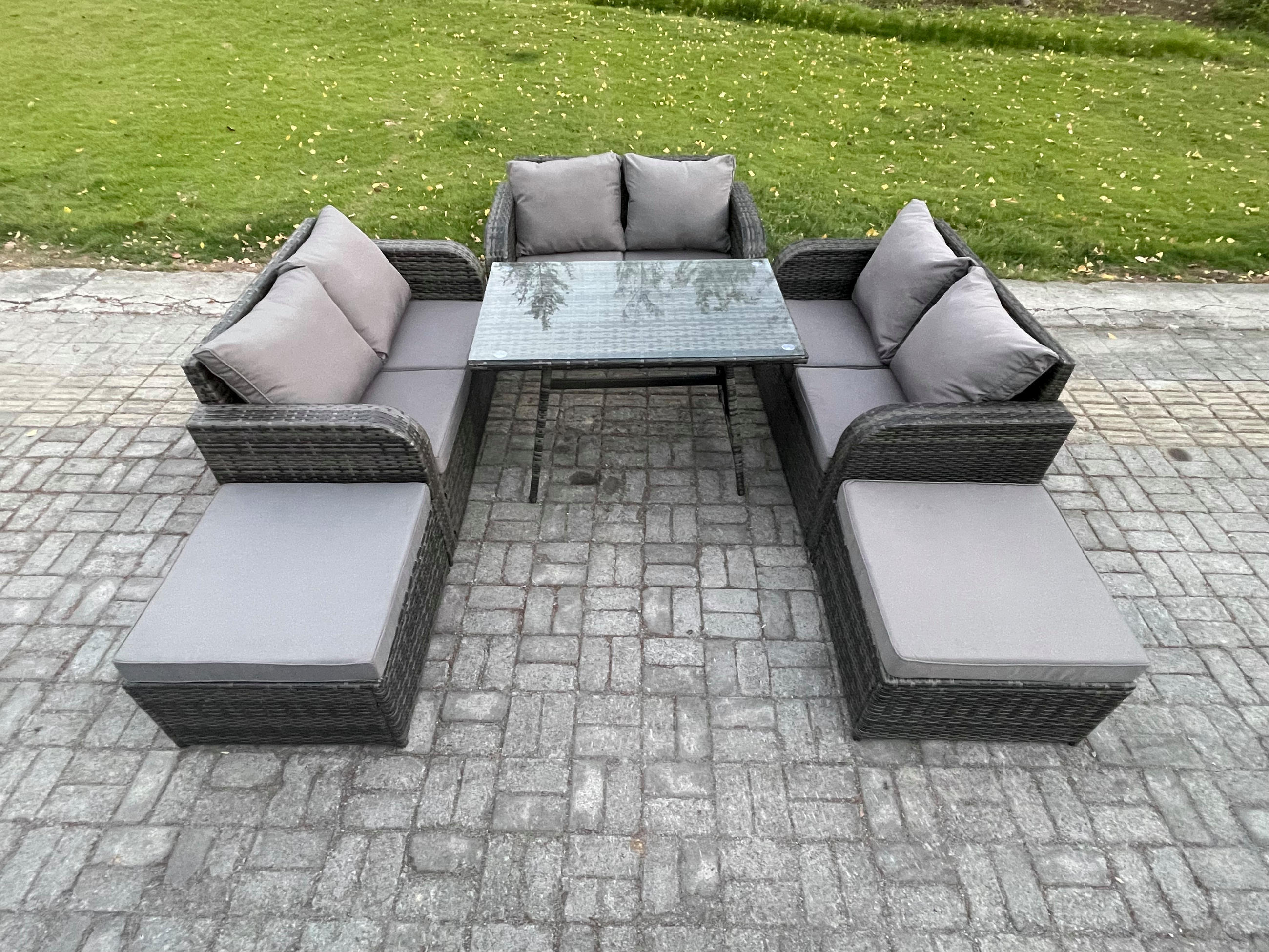 GARTENMÖBELSET mit ESSTISCH,SOFA Polyrattan 8-Sitzer - Dunkelgrau/Grau, Glas/Kunststoff - Fimous