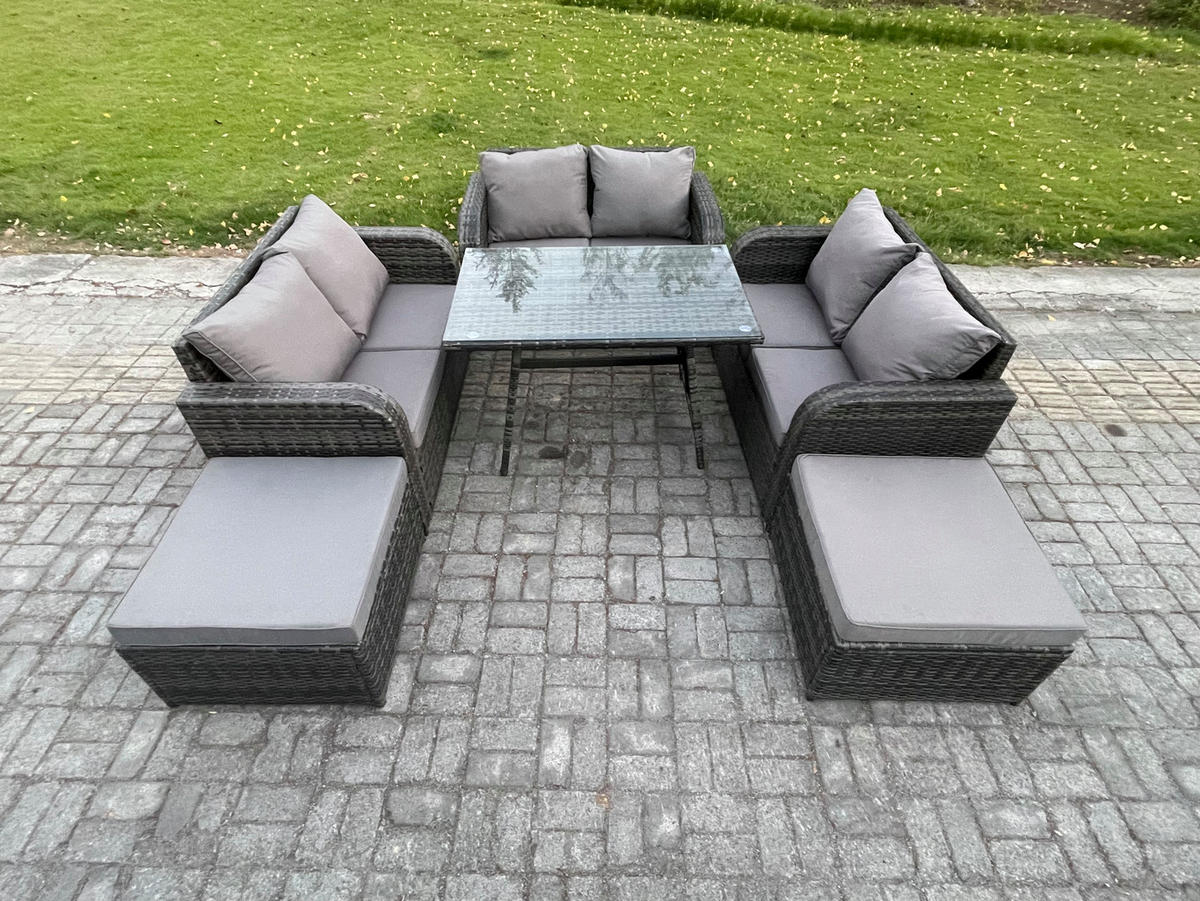 GARTENMÖBELSET mit ESSTISCH,SOFA Polyrattan 8-Sitzer - Dunkelgrau/Grau, Glas/Kunststoff - Fimous